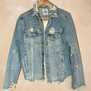 UNIF Punk Distressed Denim Studded Lined adenoma Jacket sz M